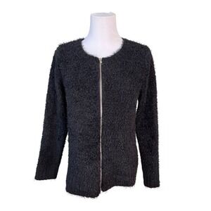 New Directions Petite Black Curly Zip Cardigan Sweater MEDIUM‎ Chunky Furry SALE